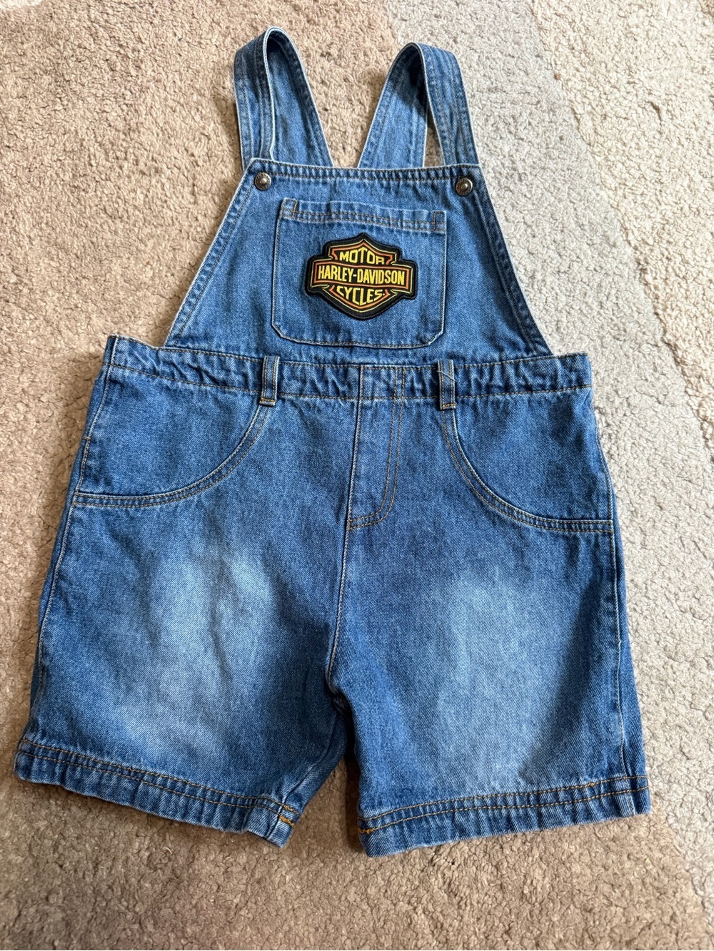 Harley-Davidson Blue Denim Kids Short Overalls with Logo Patch- 4/5T